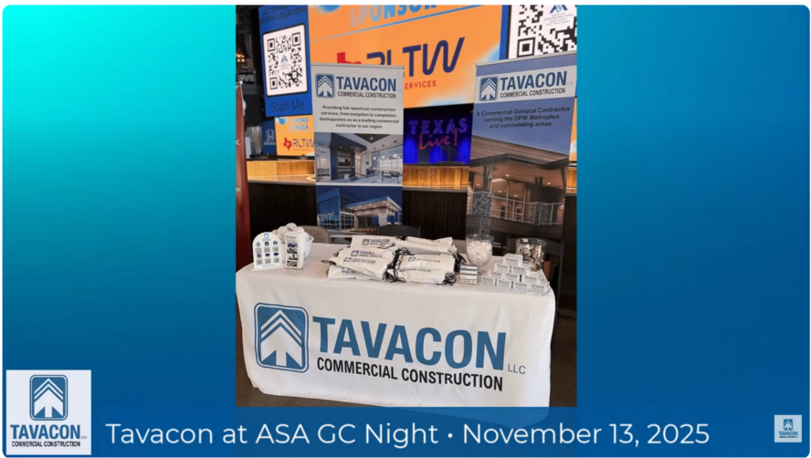 Tavacon Commercial Construction exhibit booth at ASA GC Night on November 13, 2025, featuring branded banners, promotional materials, and company information displayed on a trade show table.