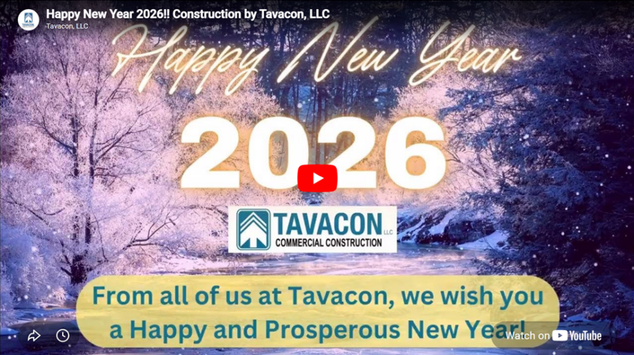 Winter-themed Happy New Year 2026 graphic featuring the Tavacon Commercial Construction logo and a seasonal message.