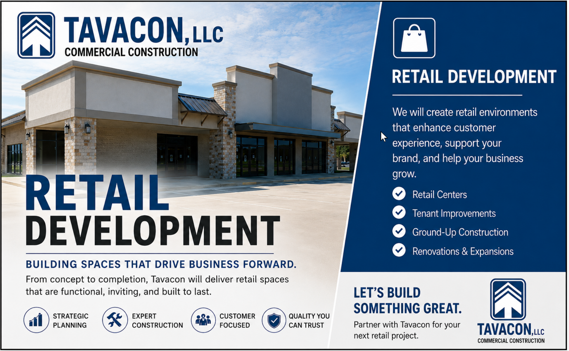 New retail building by Tavacon showing retail development services, including retail centers, tenant improvements, new construction, and building renovations.